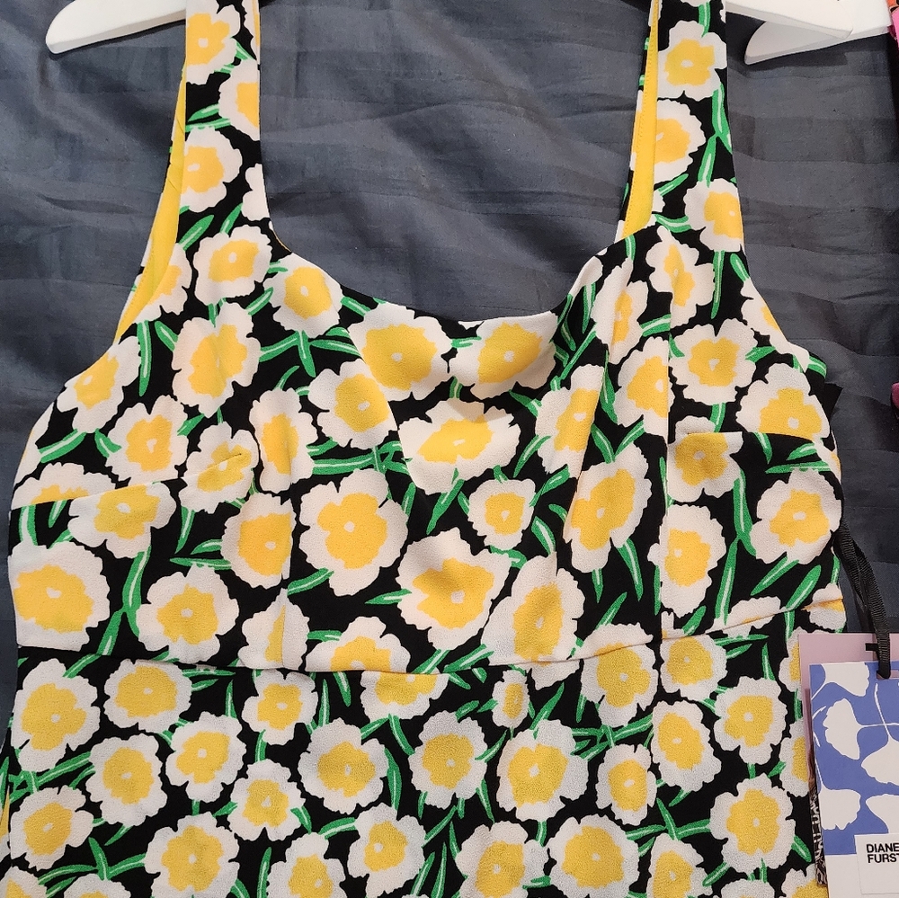 Diane Von Furstenberg Black and Yellow Floral Midi Dress